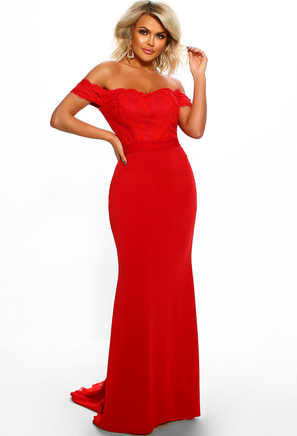 Sweet Elegance Red Lace Bardot Maxi ...